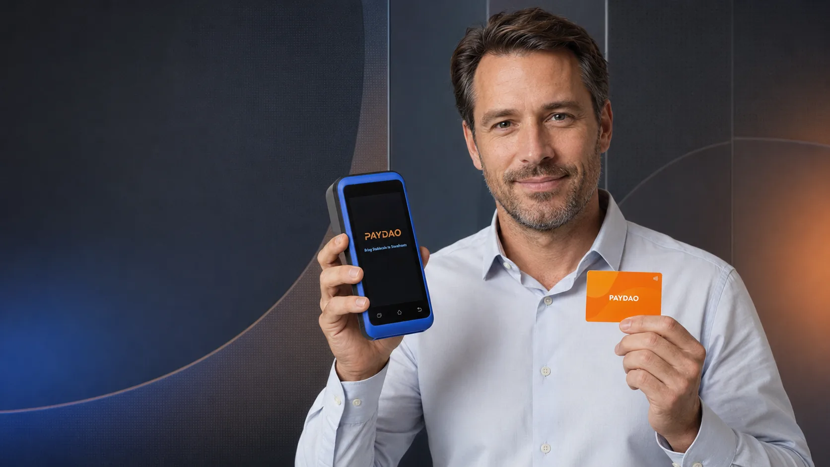 A merchant holding a PAYDAO POS terminal and payment card